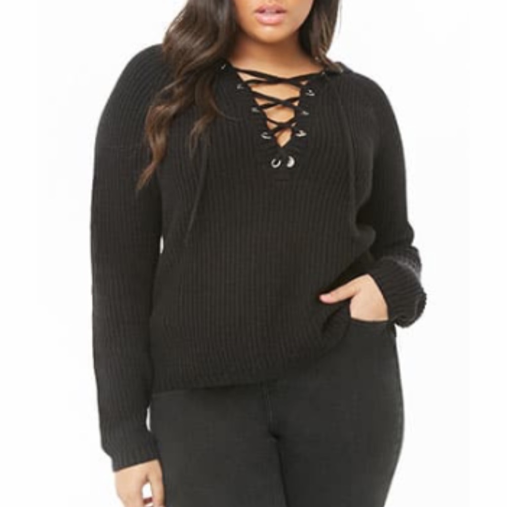 NWT BLACK hooded sweater  with lace up neck
